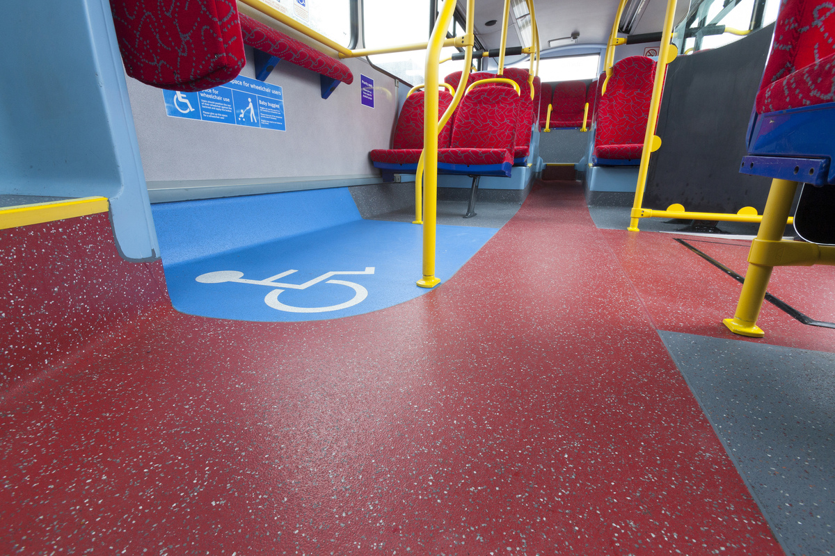 Heavy duty commuter bus with Altro Transflor safety flooring.